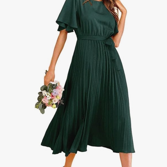 NEW (NWOT) Milumia Women's Elegant Belted Pleated Flounce Sleeve Long Dress - Picture 7 of 9